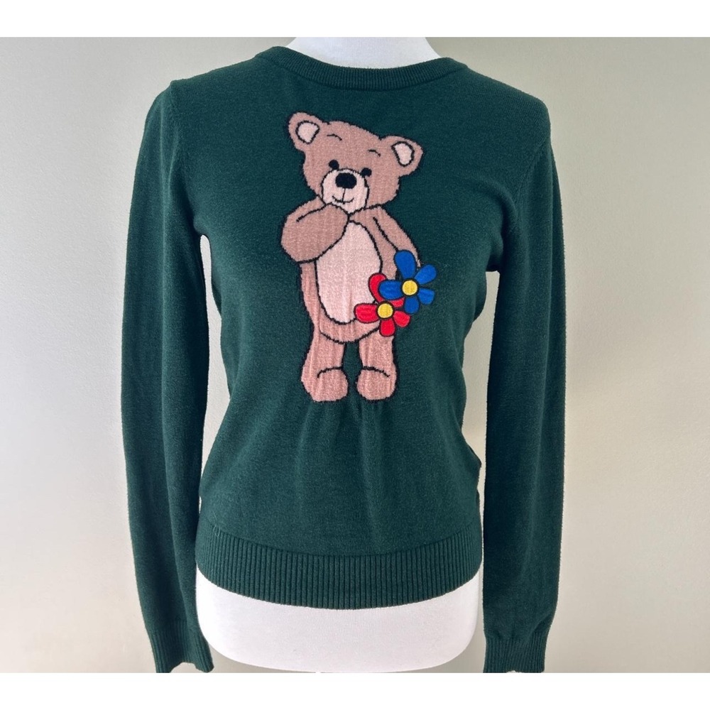 Womens Kidcore Teddy Bear Crewneck‎ Floral Knit Graphic Sweater Size L Green